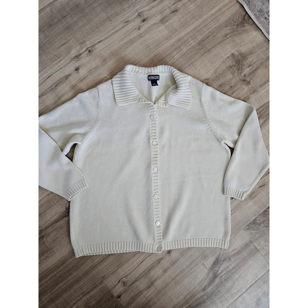 Lands End Womens 1X Cream Cotton Button Front Collared Cardigan Sweater 16W-18W